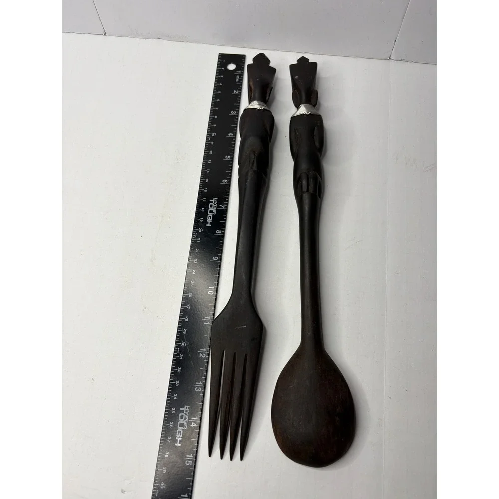 Vintage African Hand Carved Wood‎ Tribal Salad Server Set Fork Spoon Figural 15